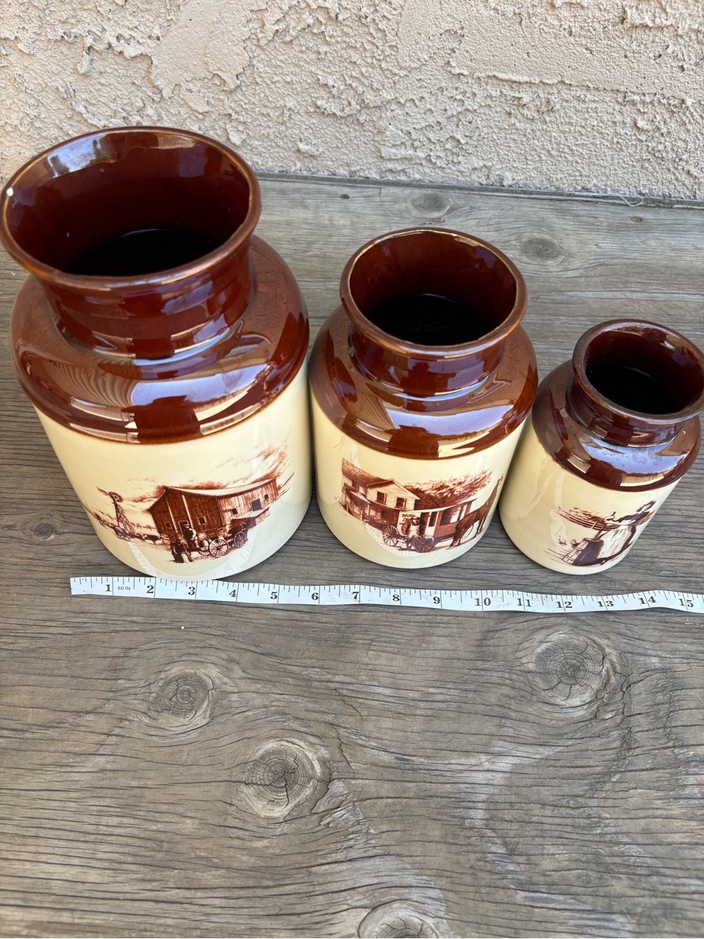 Vintage McCoy Pottery Canister Set Primitive Colonial Farmhouse Scene No Lids - Picture 9 of 12